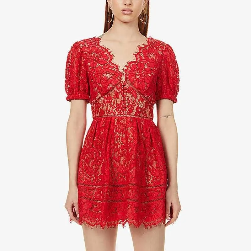 Sexy Celebrities Solid Lace Embroidered V Neck A Line Dresses(3 Colors)