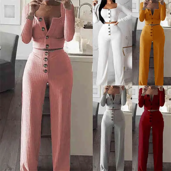 Stickade Tracksuit Women Two Piece Set Full Sleeve Button Up Crop Top And Pants Ribbed Suit Höst Kvinnors Satser Conjunto Feminino Y0625