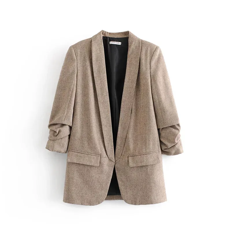 Autunno Inverno Casual Khaki Blazer Donna Manica arrotondata Giacca a spina di pesce Giacca donna con scollo a V Office Lady Blazers mujer 210421