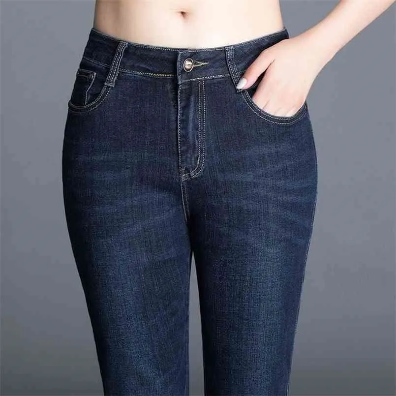 Jeans para mulheres cintura alta lavada calças magras jeans plus size estender gordo mãe feminina bolso elástico reto 210809