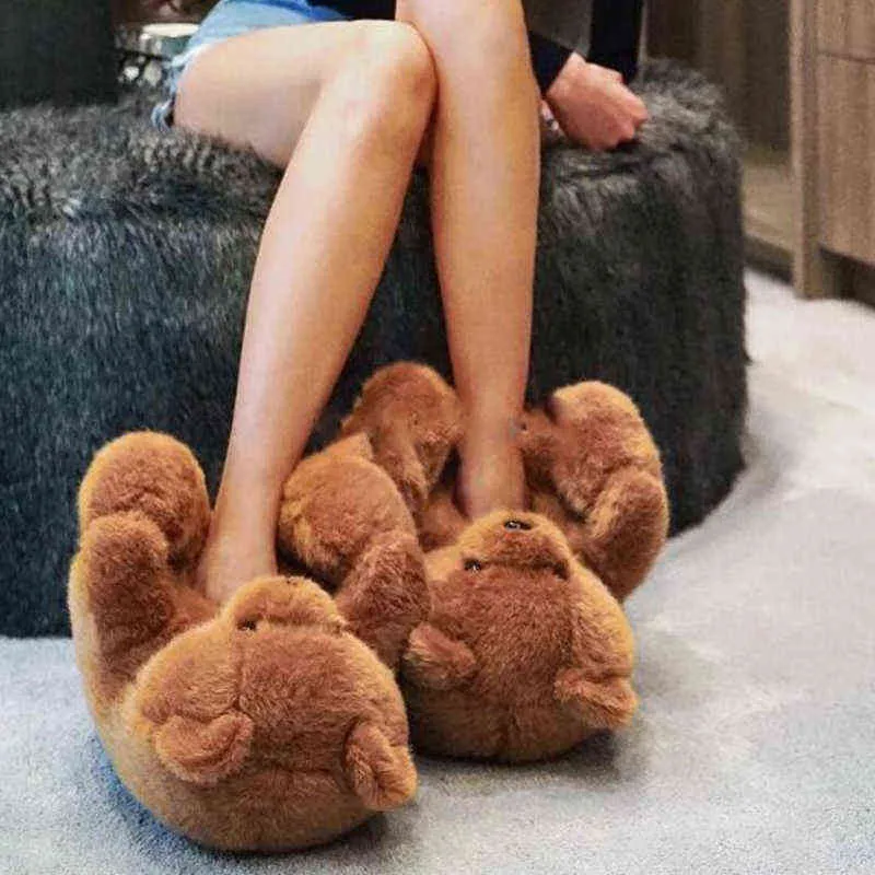 Teddy Bear Slippers Cute Ladies Winter Warm Home Slides Plush Teddy Bear Cartoon Slippers Plush Toys Woman Furry Flip Flop Shoes H1115