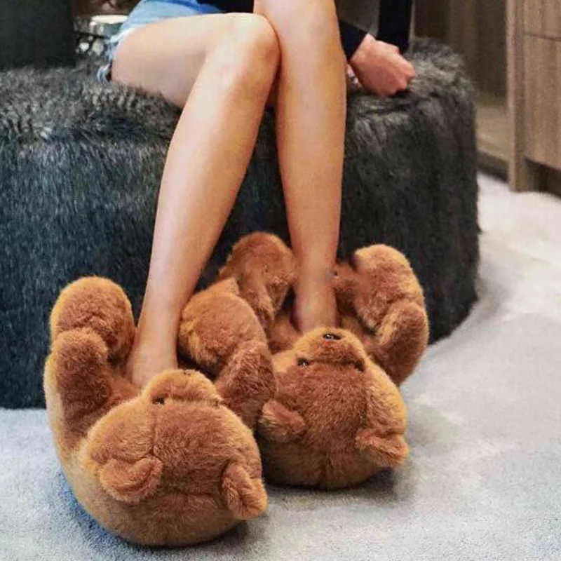 Teddybär Hausschuhe Niedliche Damen Winter Warmes Zuhause Rutschen Plüsch Teddybär Cartoon Hausschuhe Plüschtiere Frau Pelzige Flip Flop Schuhe H1115