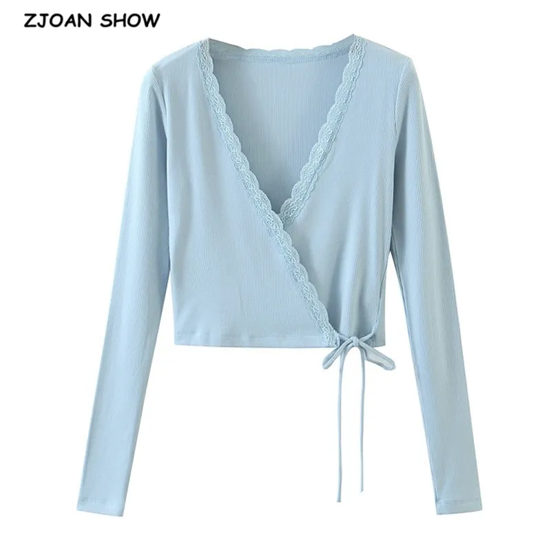 Vintage Spliced ​​Lace Cross V Neck Tie Bow Rib Crop Cardigan Kvinnor Elegant Hem Bandage Sweater Långärmad Short Jumper 210429