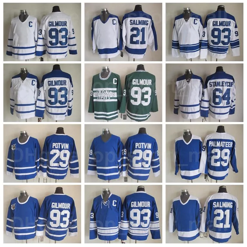 Mężczyźni Vintage Classic Hokej na lodzie 93 Doug Gilmour Jersey 64 Stanleycup 29 Felix Potvin 29 Mike Palmateer 21 Borje Salming 17 Wendel Clark Retro szyty niebieski biały kolor