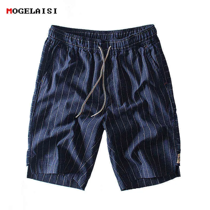 New arrival Striped shorts men summer fashion trend 100% cotton linen shorts knee length straight elastic male shorts 1833 H1210