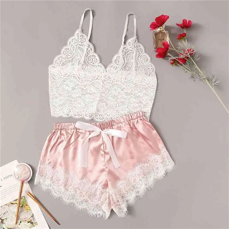 Floral Lace Bralette With Satin Shorts Lingerie Set Women Summer Sexy Sets Ladies Bra And Panty Underwear Pajama Set-Pink 210830