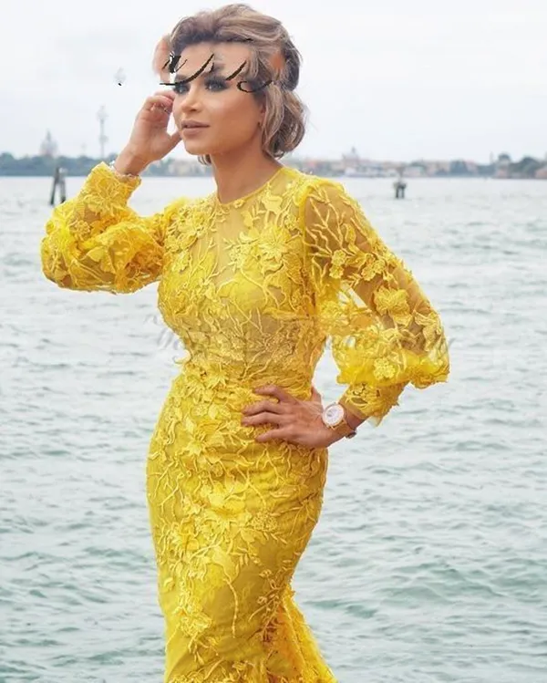 Yellow Lace Long Sleeve Mermaid Evening Dress with Zipper Back and Sweep  Train Plus Size Formal Occasion from Dhgate Evening Dresses - price 179.9