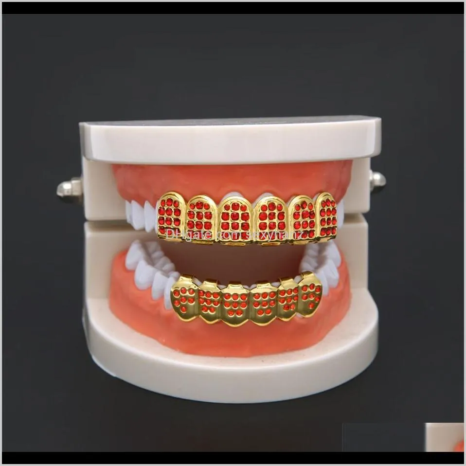 new glod silver plated iced out red rhinestones hip hop teeth for mouth grillz caps top & bottom grill set teeth jewelry