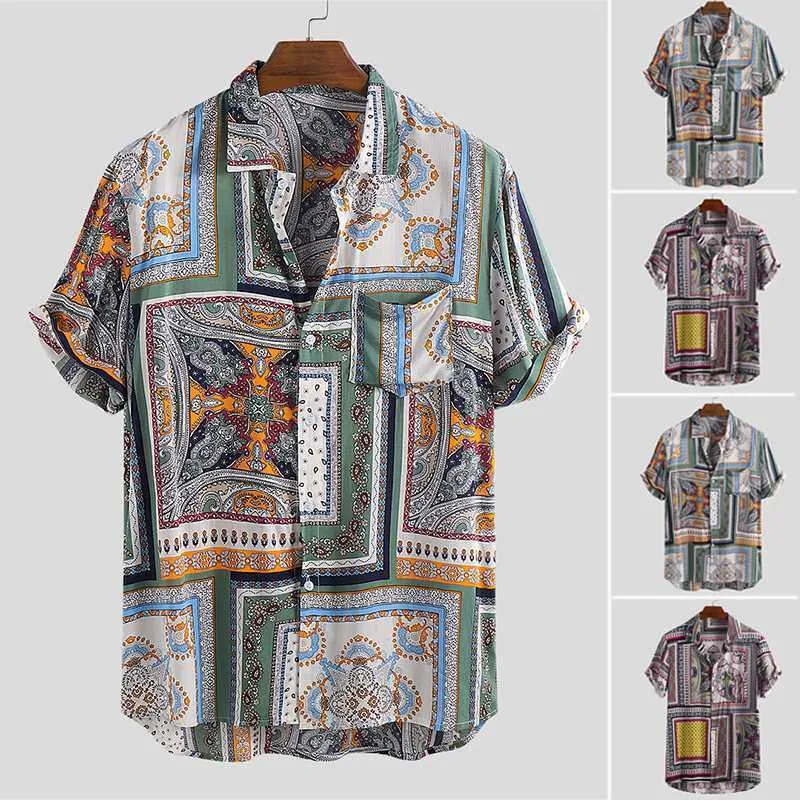 2020 verano vintage estilo étnico camisa de los hombres botón de impresión suelta de alta calidad de manga corta vacaciones playa camisas hawaianas Camisa T200622