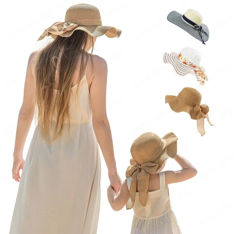 Sommar strå hattar för mamma och barn mode andas kepsar tjejer kvinnor strand sol hatt söt härlig brett brädd barn-barn resa solskydd kepsar