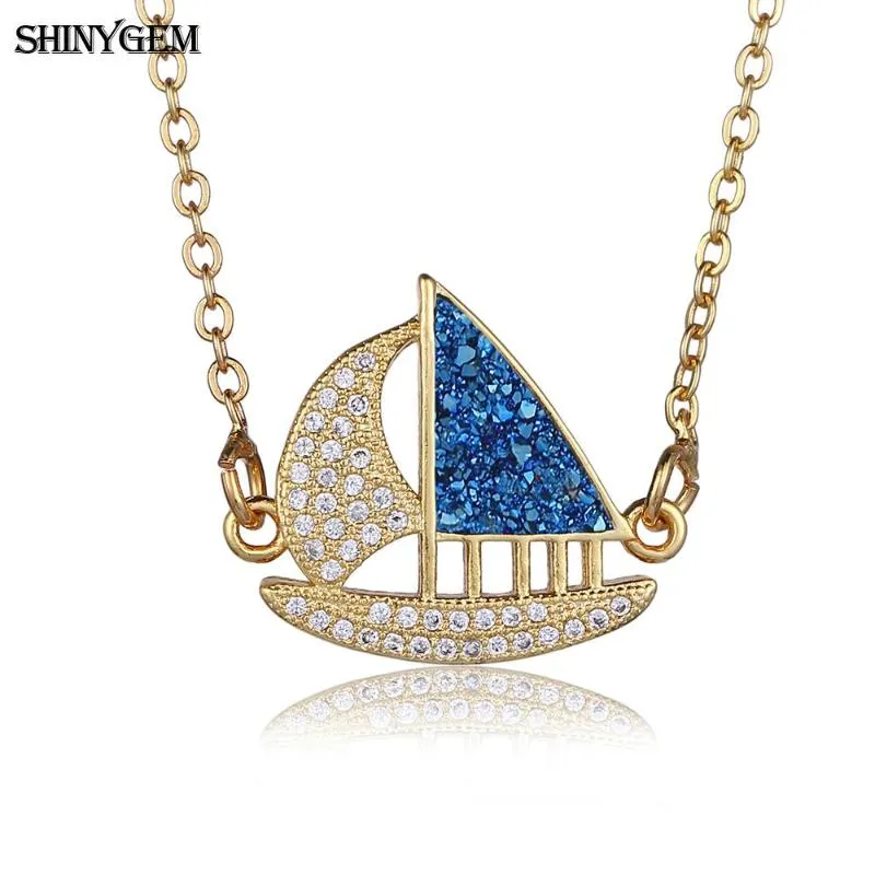 Anhänger Halsketten ShinyGem TRENDY Segelboot Halskette Vergoldung CZ Kristall Stein Zirkon Glück Boot Schiff Kette Für Frauen