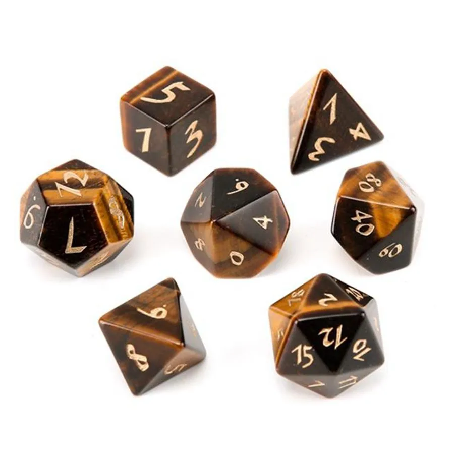 Occhio di tigre naturale Pietre preziose sciolte Incisione Dungeons And Dragons Gioco-Numero-Dadi Gioco di ruolo in pietra personalizzato Gioco Pietre poliedriche Set di dadi Ornamento all'ingrosso