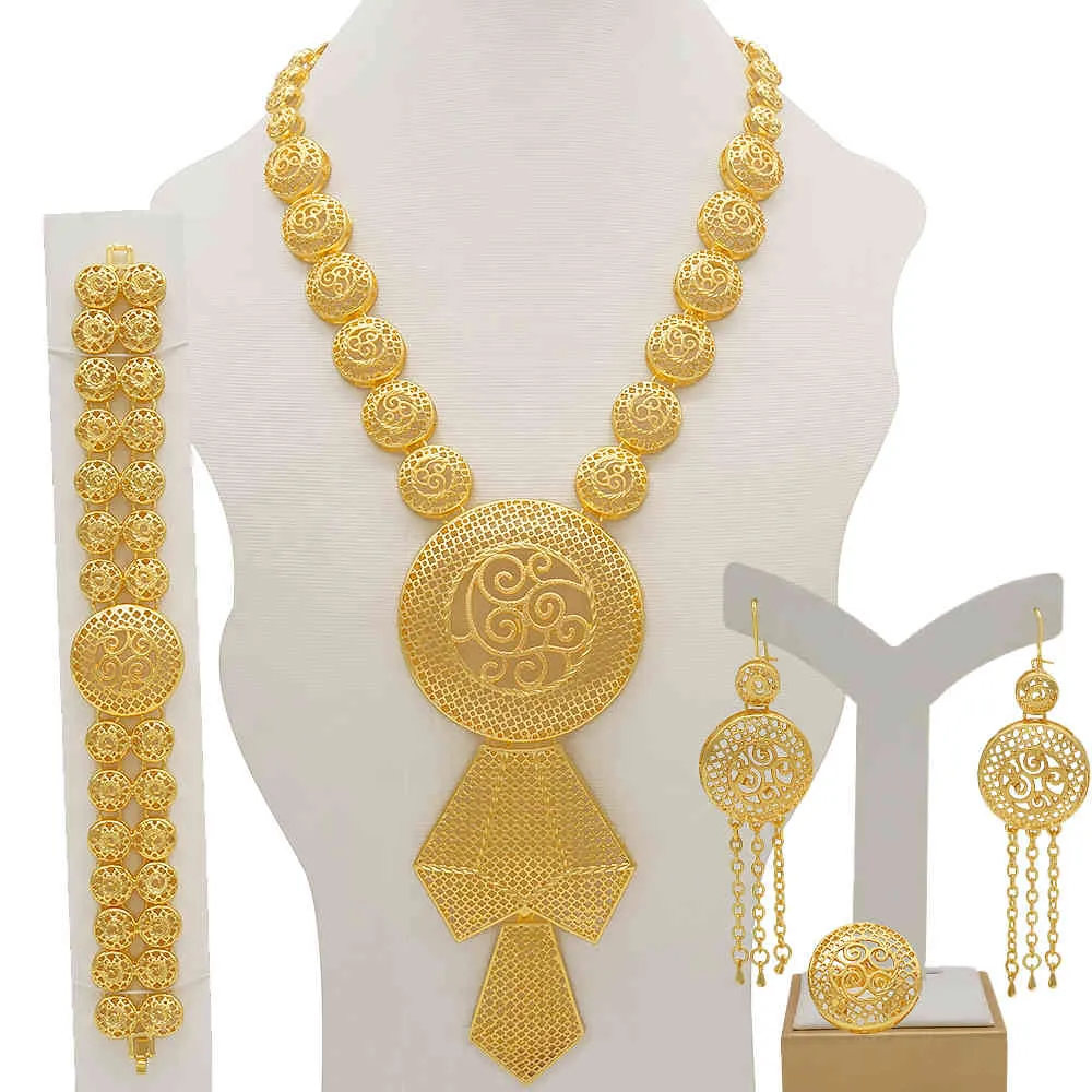 Long Colar / Brincos / Anel Big Set Mulheres Cor de Ouro Arab Jóias Acessórios De Casamento