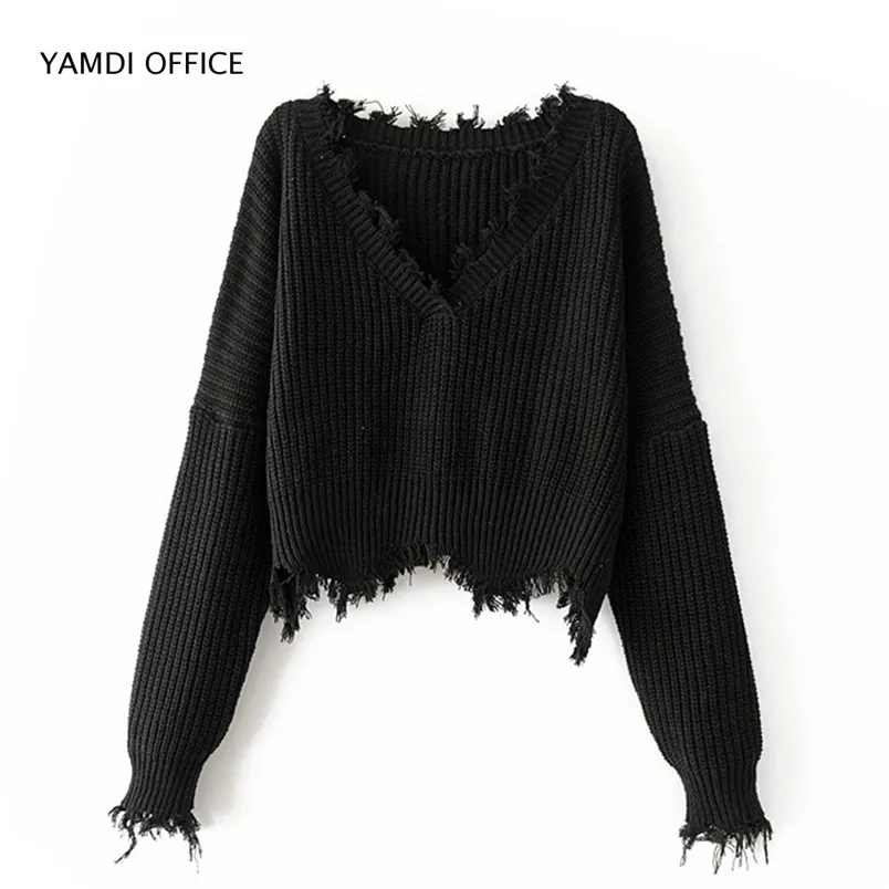 YAMDI femmes gland pull automne hiver solide orange blanc noir pulls courts pulls col en v sexy tricoté pull 211007