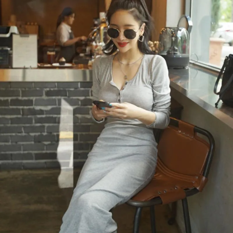 Casual Dresses WOMENGAGA Autumn Winter 2021 Korean Women High Waist Skinny Hip Round Neck Slim Long Maxi Dress Knitted Sweater Fashion 3L8V