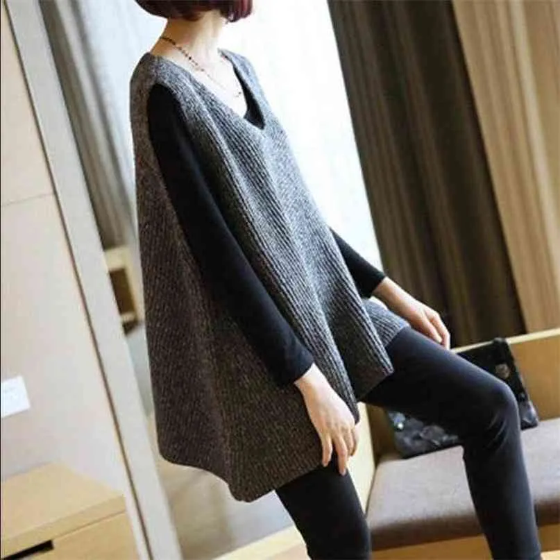 Mid-length Loose V-neck Sweater Vest Femal Plus Size Sleeveless Solid Color Simple Fashion Knitted Pullover Women Spring 210915