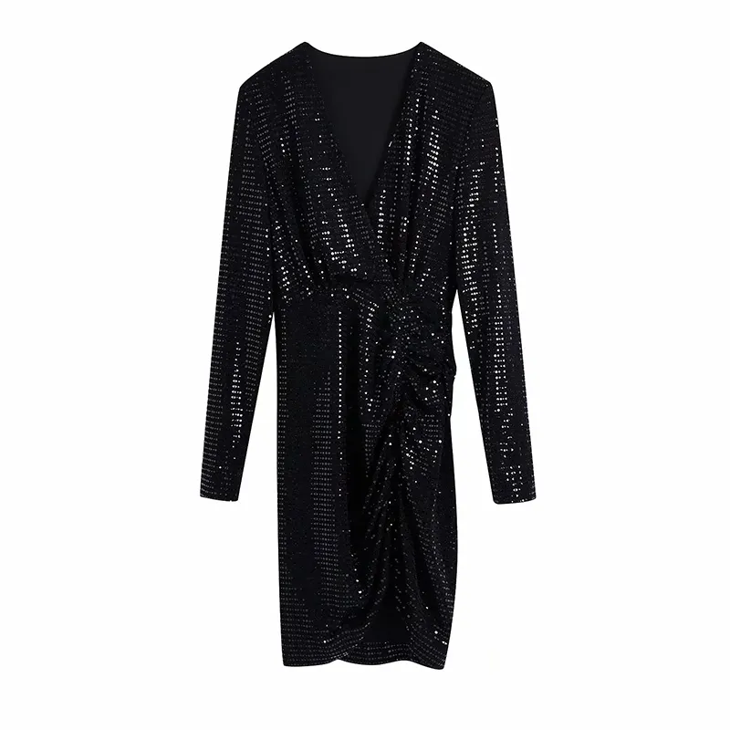 Snygg Sequined Dress Women Fashion Sexy V Neck Fälls Elegant Rak Långärmad Mini Klänningar 210520