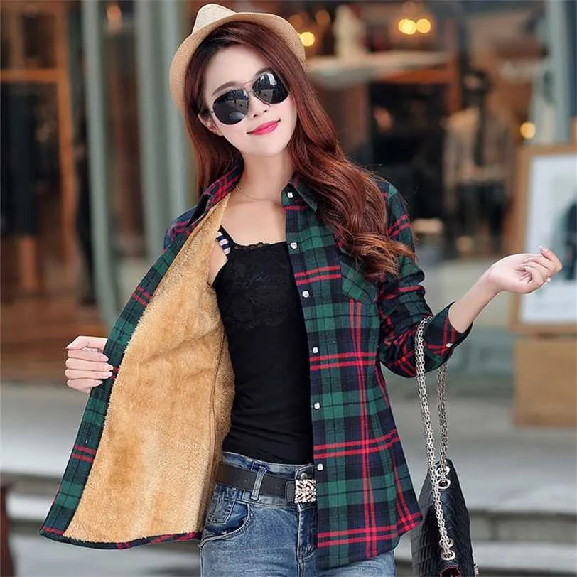 Brand Winter Warm Women Plus Velvet Thicke Plaid Shirt Style Coat Jacket Kläder Toppar Kvinna Casual Outerwear 211223