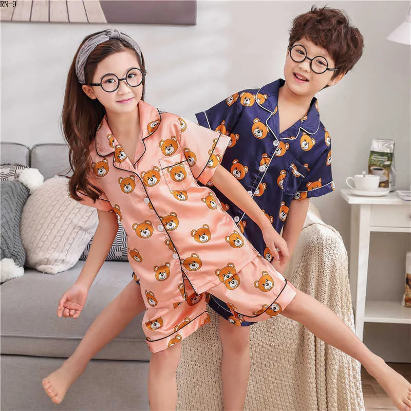 Summer Children Short Pajamas Sets Cute Silk Sleepwear Girls Short Kids Pijamas  Boy Short Skirt And Top Set And Pant Print Kids Pajamas 210908 From Dou08,  $10.09