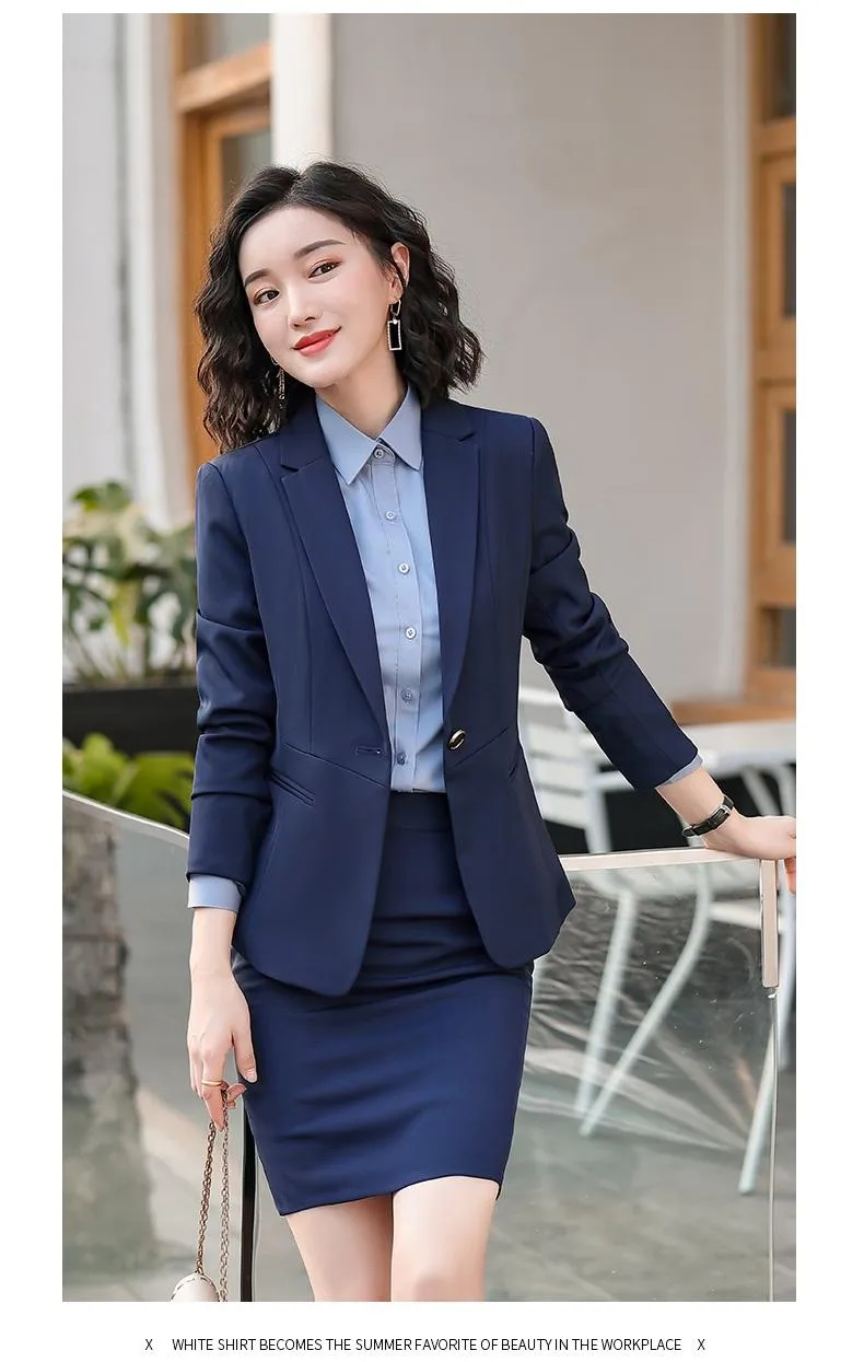 Blazer azul marino formal para mujer, trajes de falda, ropa de trabajo de  oficina para mujer, conjuntos de chaqueta de manga larga, vestidos de  estilo