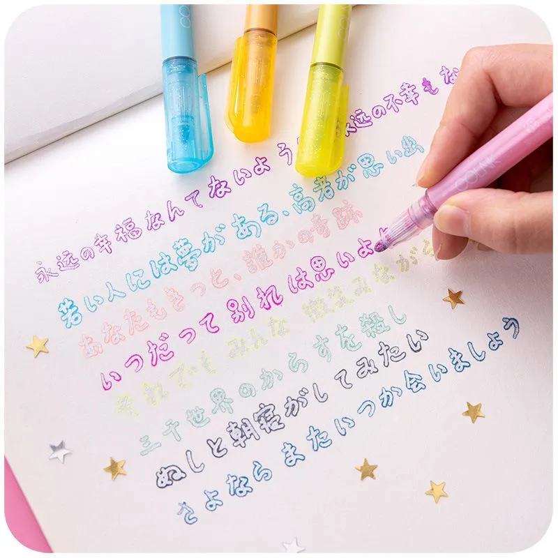 Highlighters 8 Färger Dual Line Fluorescerande Pen Glitter Marker Sketch Stationery Highlighter Cute Japanes