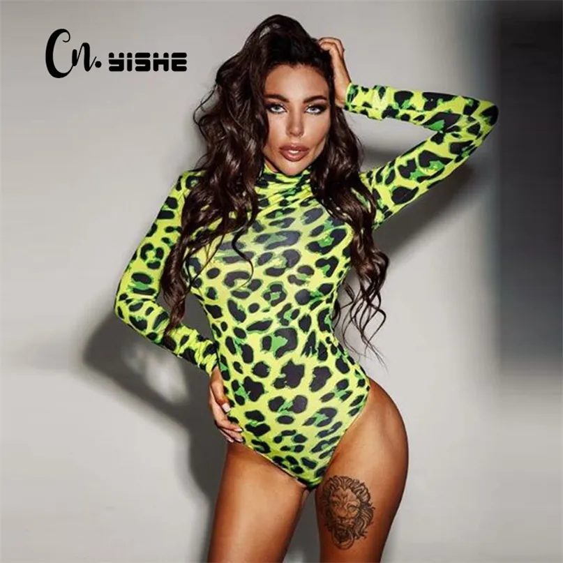 Cnyishe kvinnor långärmad leopard hud prinsd bodysuit sexig neon green streetwear jumpsuit mager tops mode rompers 220226