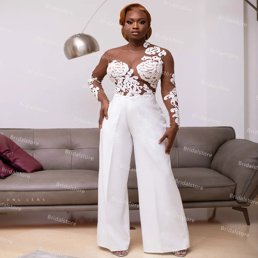 Nigeria Africano mono vestido de novia con manga larga Sexy transparente Top encaje pantalón traje satén bohemio playa vestidos de novia sin espalda robe de mari￩e 2021 Boho Bride