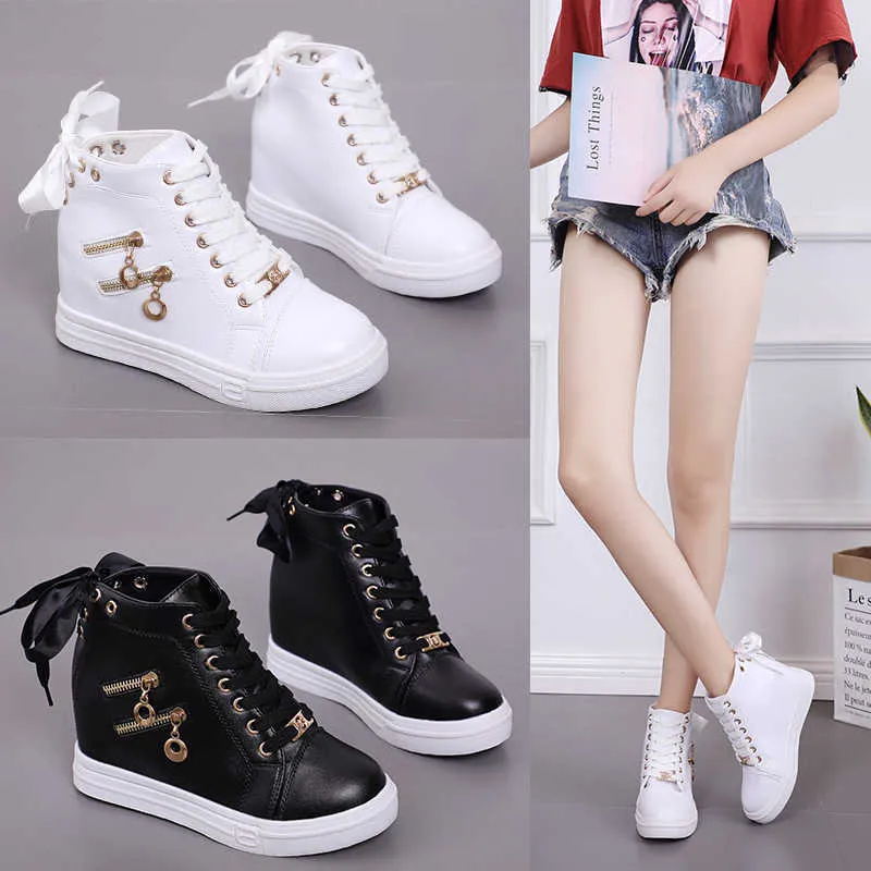 Women Wedge Platform Rubber Brogue Leather Lace Up High Heel 6 Cm Shoes Pointed Toe Increasing Creepers White Sneakers Zipper569 Y0907