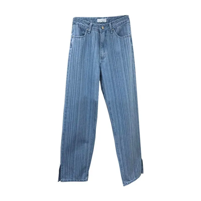 Spring Loose Vertical Stripes Wide Leg Slit Baggy Jeans Women Simple High Waist Straight Pants Femme All Match Pantalones 210514