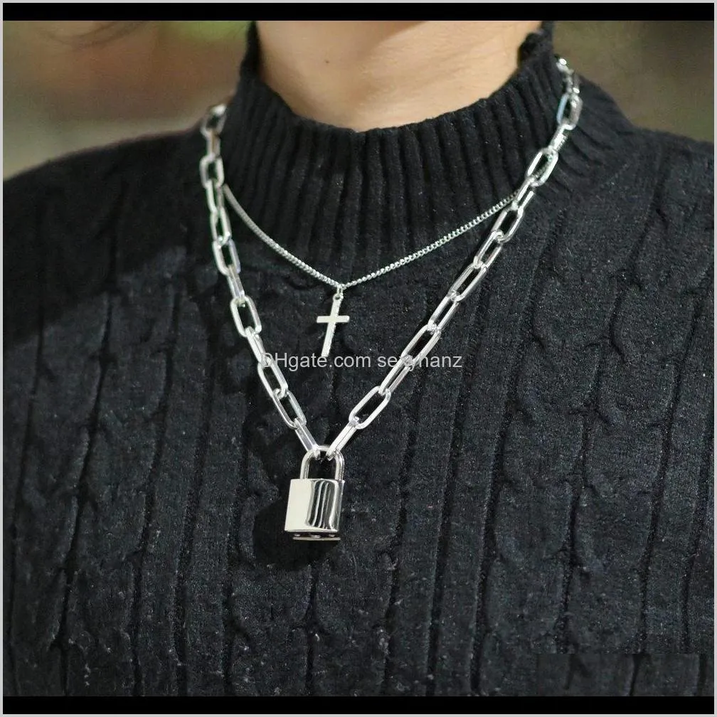 punk cross lock necklace double layer chains necklace pendants fashion women hip hop jewelry will and sandy gift