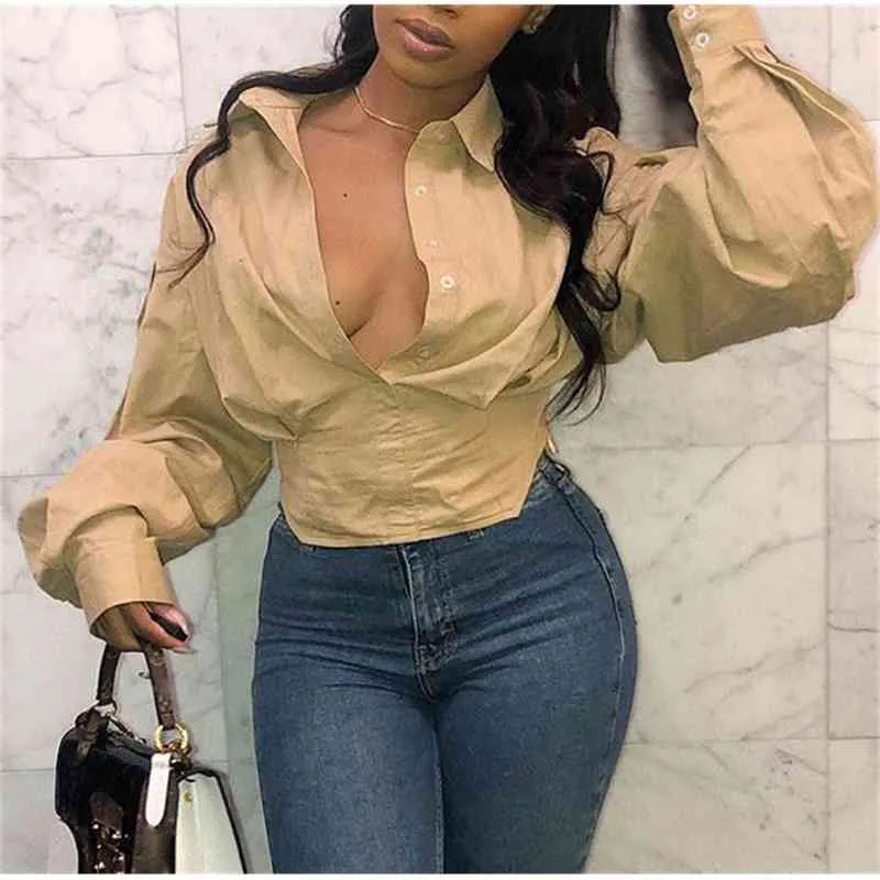 Femmes Blouses Chemises Manches Longues Lanterne Sexy Col En V Profond Tops Bouton Élégant Bureau Dames Casual Printemps Été Femme 210416