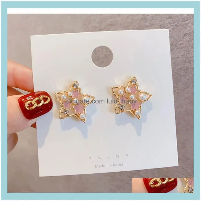 Stud Girls Sweet Pentagram Imitation Pearls Ornament Earrings Pink Oil Rhinestones Studs Hollow Out Star Jewelry For Holiday1