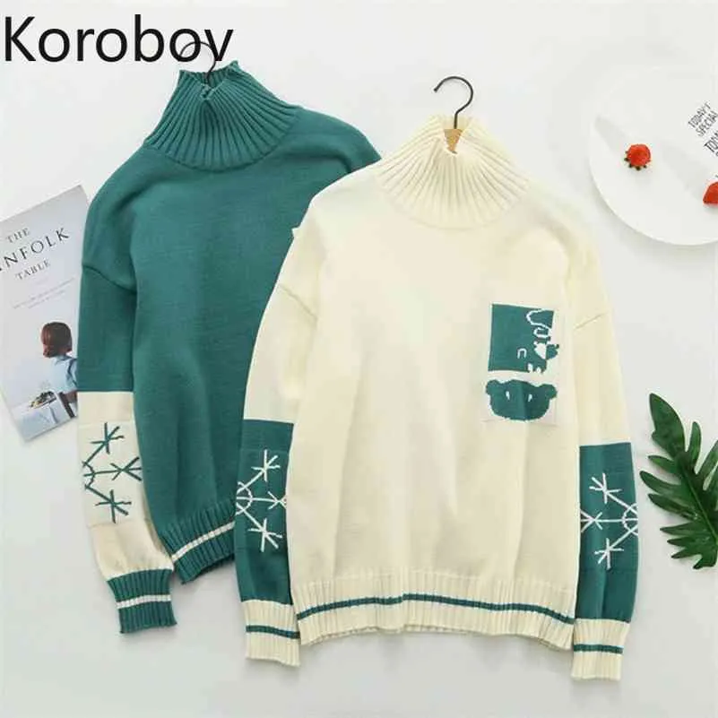 Korobov New Cute Cartoon Rabbit Contrast Color Pullovers Snowflake Pattern Long Sleeve Turtleneck Sweater Women Pull Femme 210430