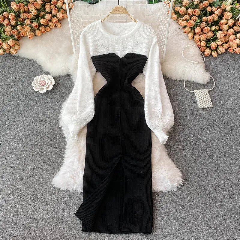 Novo design feminino retrô estilo francês com decote em bico preto branco color block lanterna manga longa vestido midi de malha