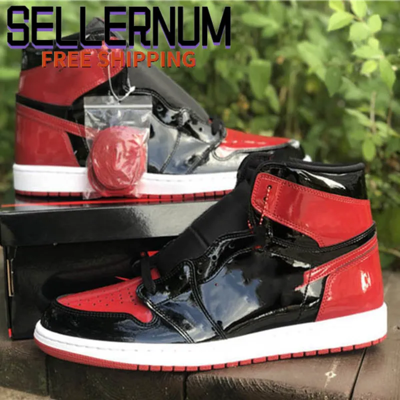 신발 Jumpman 1 High OG Bred 특허 농구 레드 블랙 1s 특허 가죽 스포츠 스니커즈 Ship