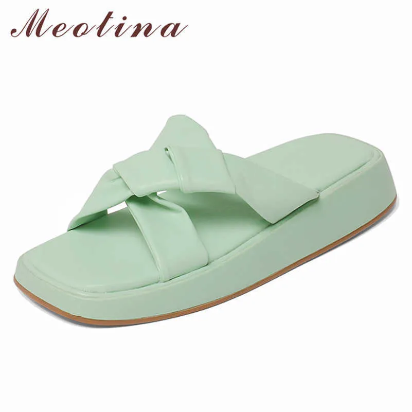 Meotina Slippers Shoes Women Flat Sandals Pleated Slides Square Toe Ladies Footwear Summer Green Yellow 40 Comfortable Shoes 210608