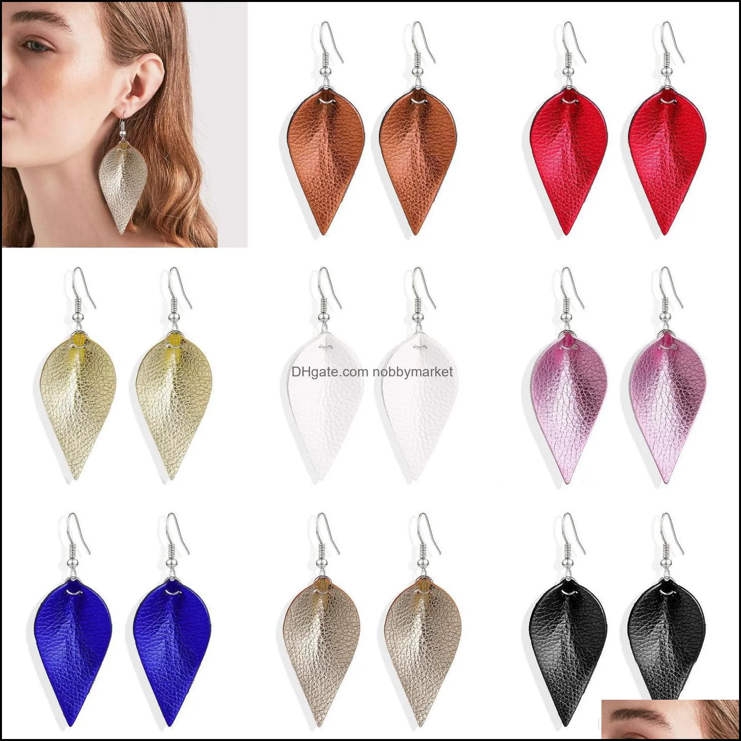 Dangle ljuskrona örhängen smycken kreativ vatten droppe läder örhänge blad teardrop form pu earrop öra hooked dubbla hängen pendant wome