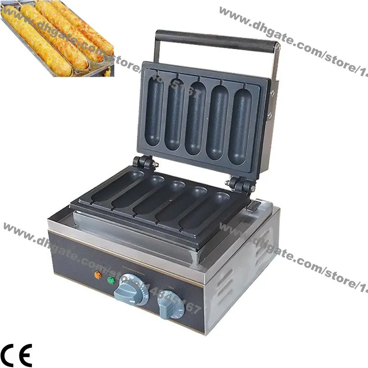 Kommersiell användning Non-Stick 110V 220V Electric 5PCS 14cm Fresh Hotdog Waffle Stick Maker Iron Baker Machine Mold Pan