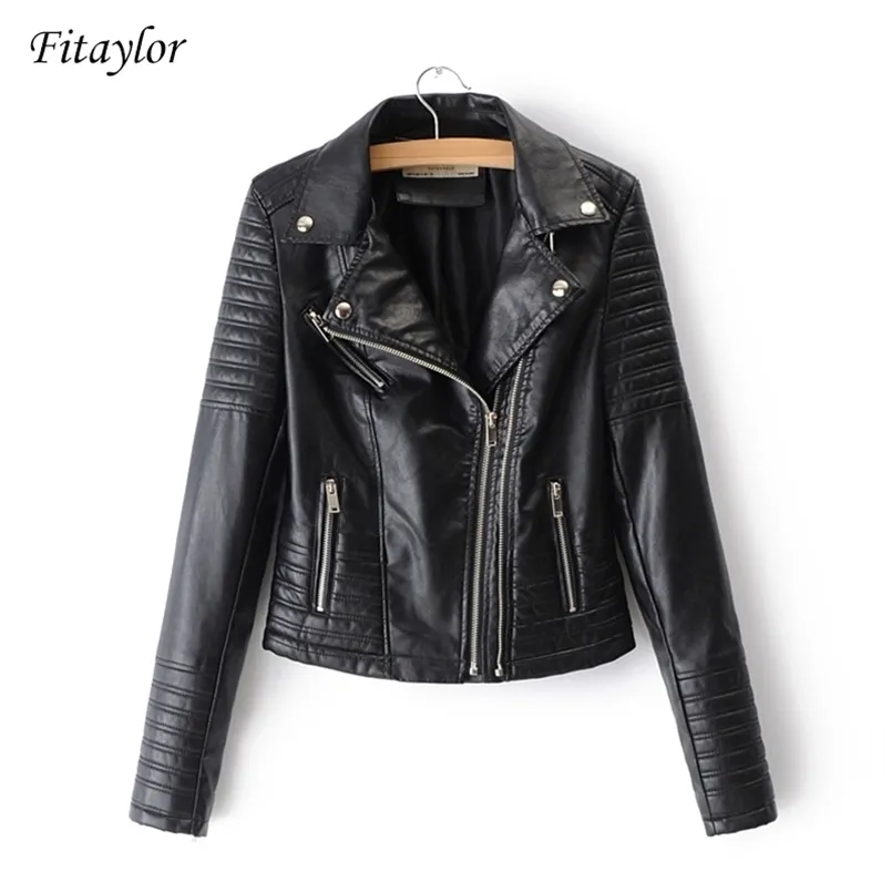 Fitaylor Women Motorcycle Faux Leather Jackets Ladies Streetwear Black Coat Long Sleeve Autumn Biker Zippers Outwear 210916