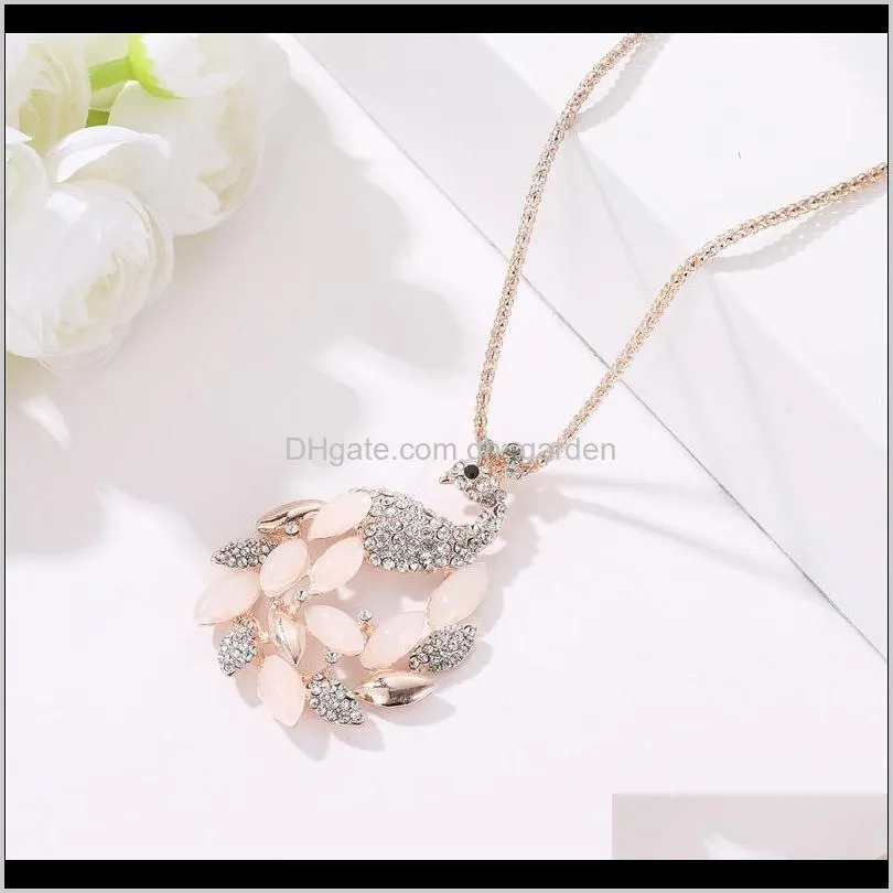 opal peacock necklace crystal pendant necklaces gold plated long chain peocock animal pendant necklace women party jewelry girls gift