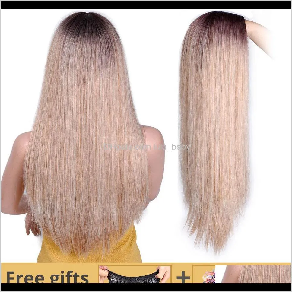 Wig Straight Hair Mixed Brown And Blonde For White Black Women Middle Part Natural Qncdh Jefqv