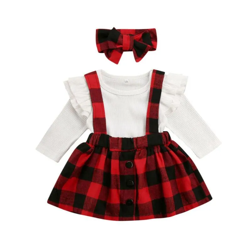 Conjuntos de roupas 0-18m 3 pcs Nat Christmas Baby Girl Roupas Definir Sólido Malha Romper Plaids Bib Skirt Outfits