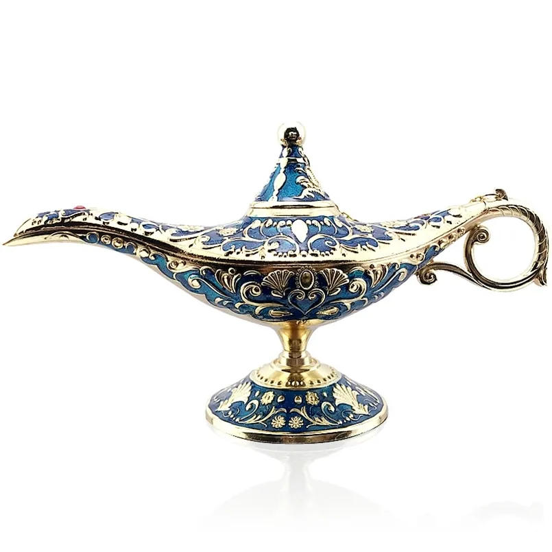 22 cm Elegante Vintage Metaal Gesneden Aladdin Lamp Lichte Ing Thee Olie Pot Decoratie Figuren Besparende Collection Arts Craft Gift 210804