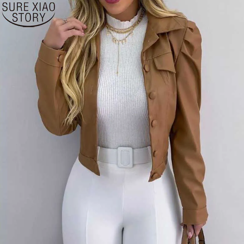 Chaqueta corta de moda de primavera para mujer, abrigo de PU con cuello vuelto, chaquetas tipo cárdigan, Tops para mujer, ropa coreana de otoño para mujer 12648 210527