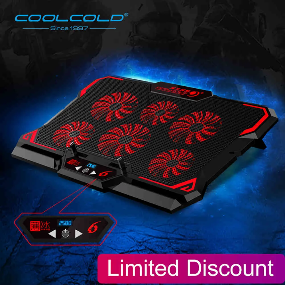 6 Fans Cooling Pad 2 USB Port With Led Screen 2600RPM 14-17 inch Gaming Laptop Cooler Stand
