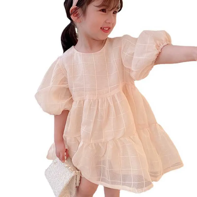 2021 Niñas de verano Coreano Lindo Dr2-7 Año Niños Ropa dulce O-cuello Vestidos de manga de burbuja para niñas Niños Ropa casual X0803