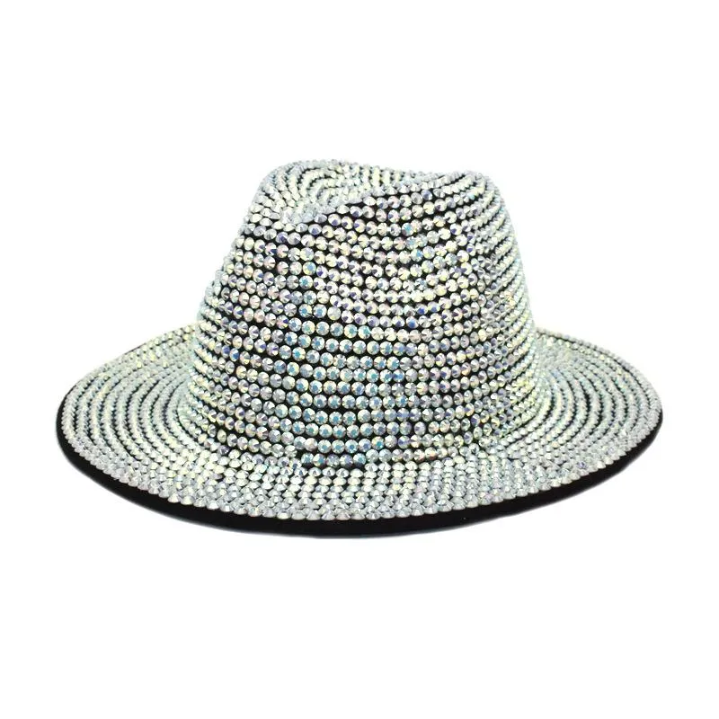 Rhinestone Fedora Mössor för kvinnor Män Flat Wide Brim Ull Felt Jazzhattar Handgjorda Bling Studded Party Hat