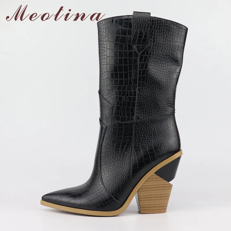 شتاء أحذية Winter Western Women Fashion Strange Cheels Mid-Calf Super High Heel Shoes Fall Fall Plus بالإضافة إلى حجم 33-46 210517 Gai