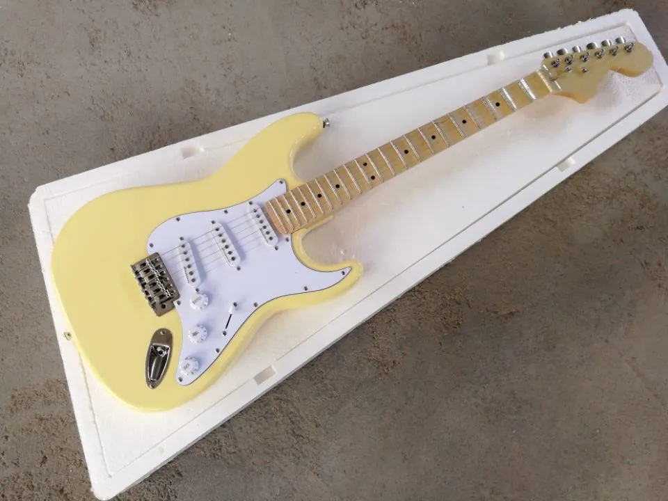 Factory custom Yellow body electric guitar with scalloped fingerboard,white pickguard,Chrome Hardware,Provide customized services