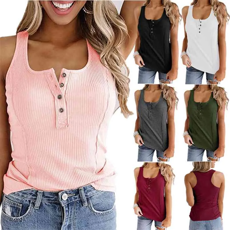 Ärmlös tank Top Kvinnor Sommar U-Neck Knapp Kvinna Casual Ribbed Crop Sexy 90s Kvinna Lossa S för StreetWear Svart 210604